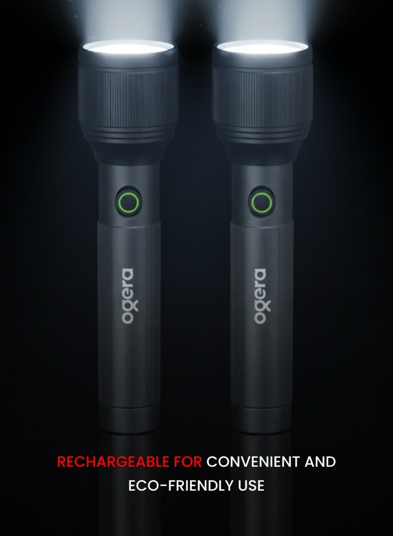 Ogera Rechargeable LED Flashlight 2-Pack | 30W High-Power Torch | 3000 Lumens Brightness | 4000m Long-Range Beam | USB Type-C Charging | IPX5 Waterproof | Zoom Function & SOS Mode | 2-Year Warranty | OG1100SLC22 | Black - Image 5